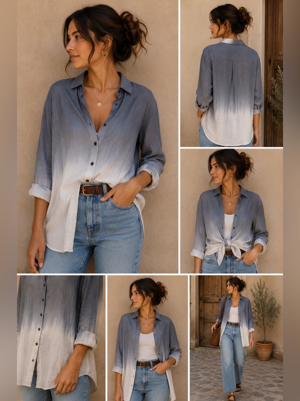 Blue White Ombre Tunic Blouse Oversized M/L Button Front Coastal Boho Linen Look